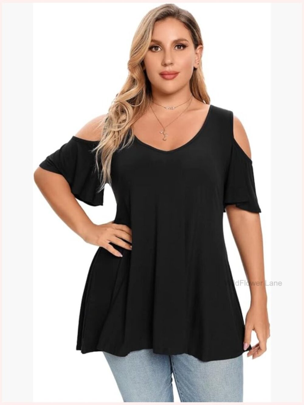 Plus Size Tunic Top V Neck Cold Shoulder Short Sleeve Blouse